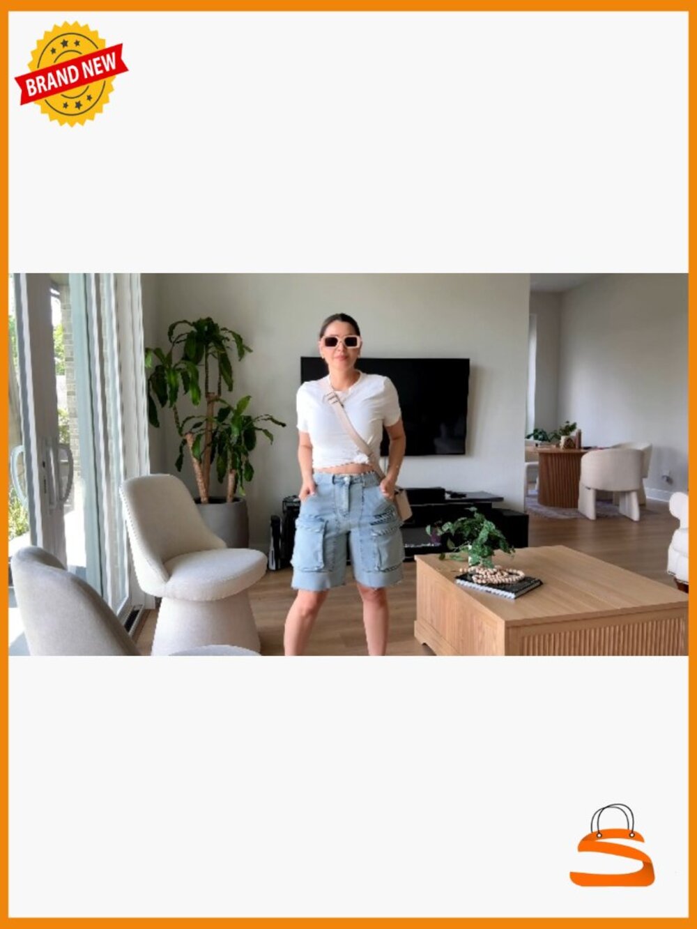 High Waist Denim Shorts Straight Leg Raw Hem with Pockets - Picture 6 of 6